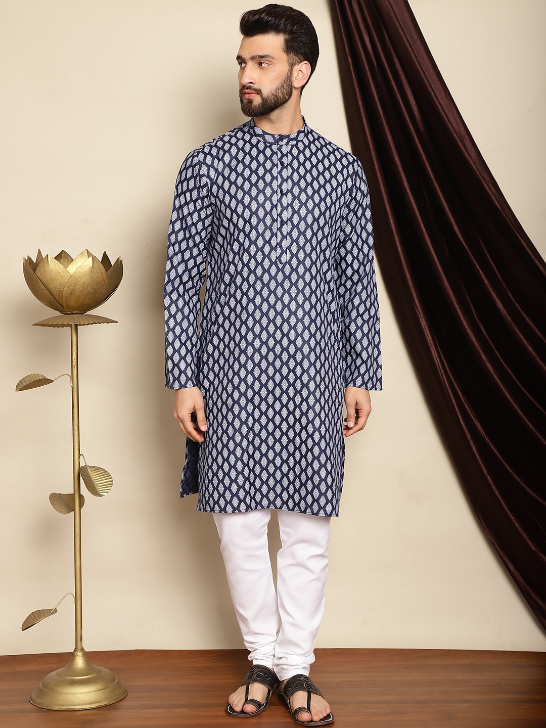 

Anouk Navy Blue Ethnic Motifs Printed Band Collar Kurta with Churidar