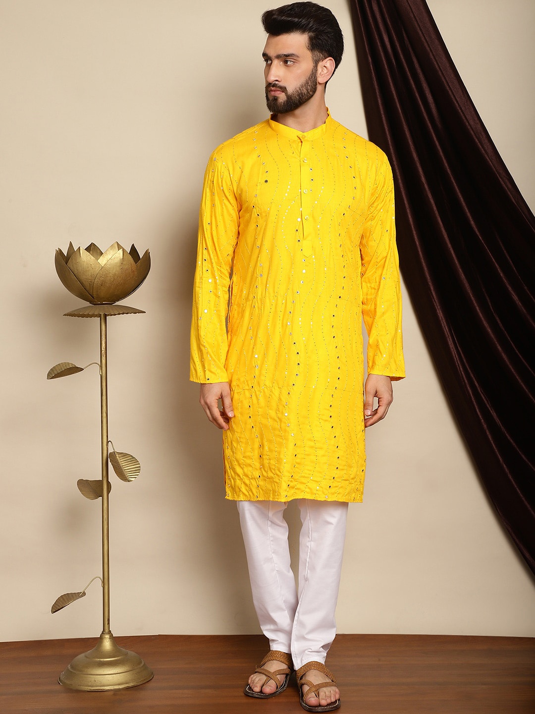 

Anouk Navy Blue Embroidered Sequinned Pure Cotton Kurta with Churidar, Mustard