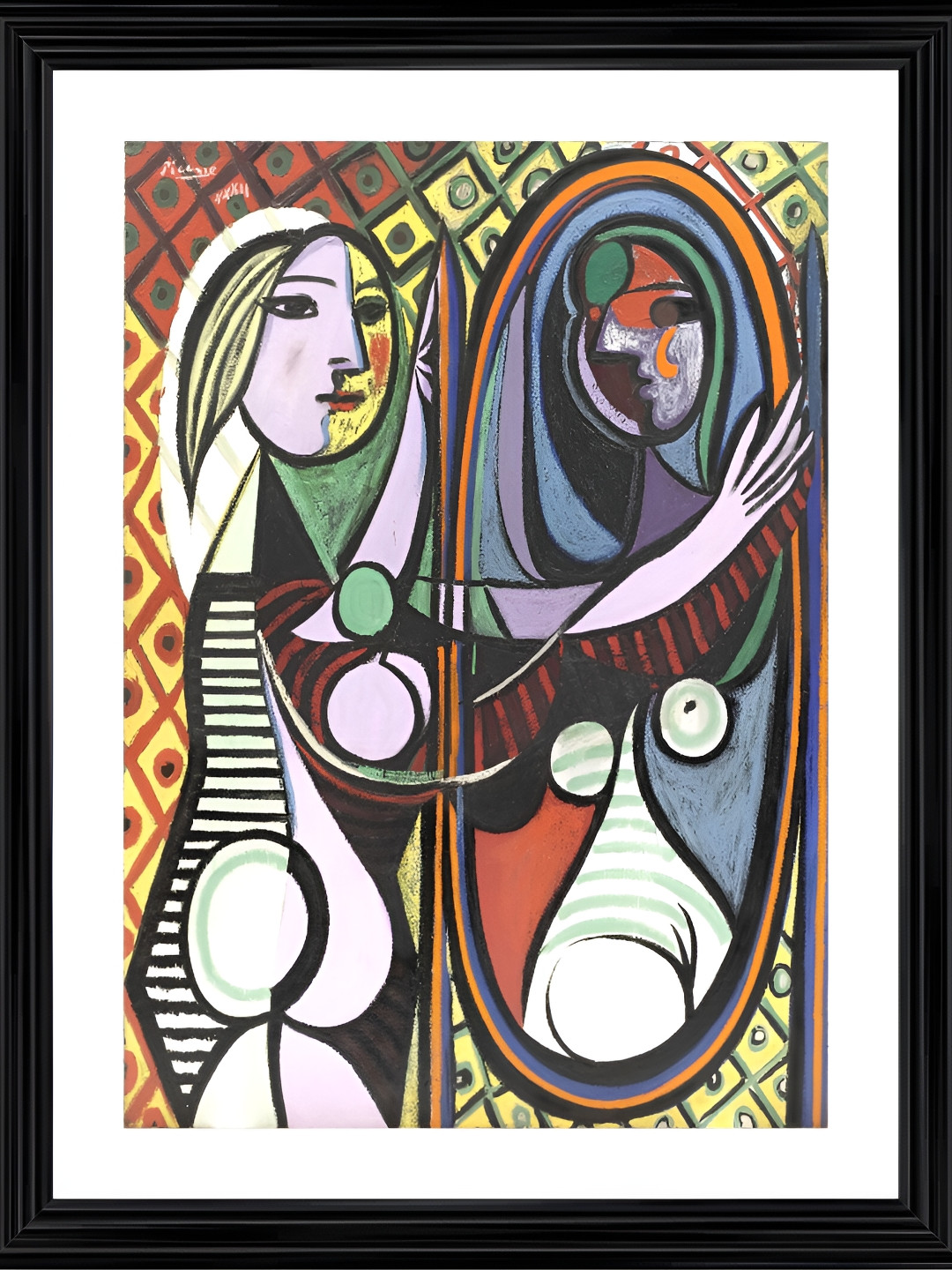 

Adventures India Green & White Girl Before A Mirror Wooden Painting Wall Arts