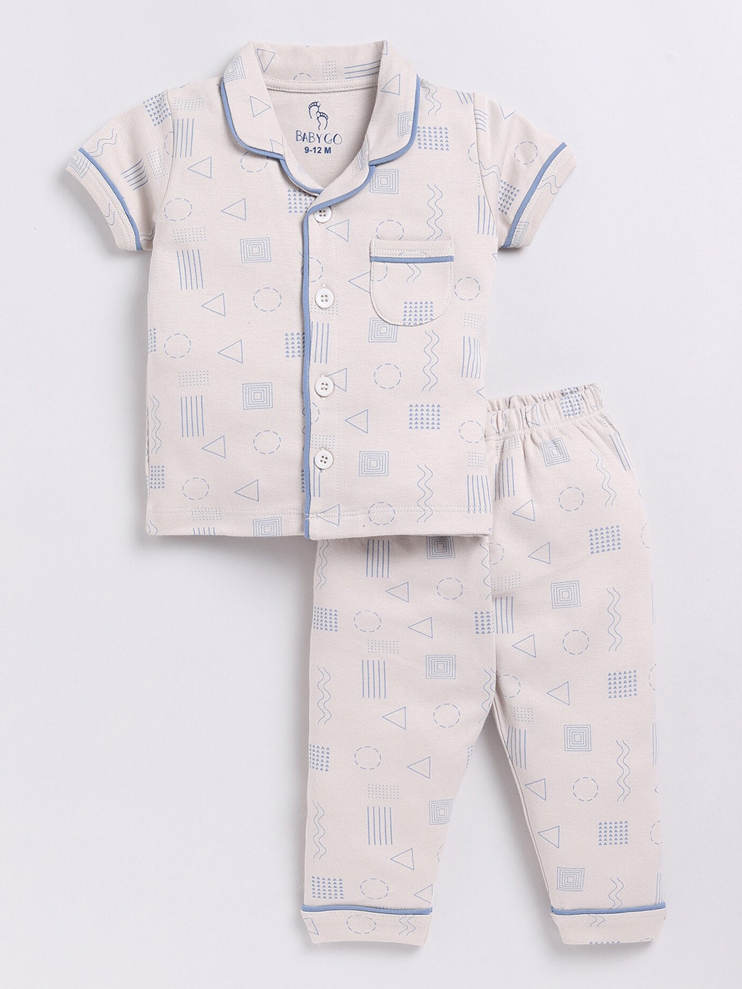 

BABY GO Infant Boys Geometric Printed Pure Cotton Shirt with Pyjamas, Beige