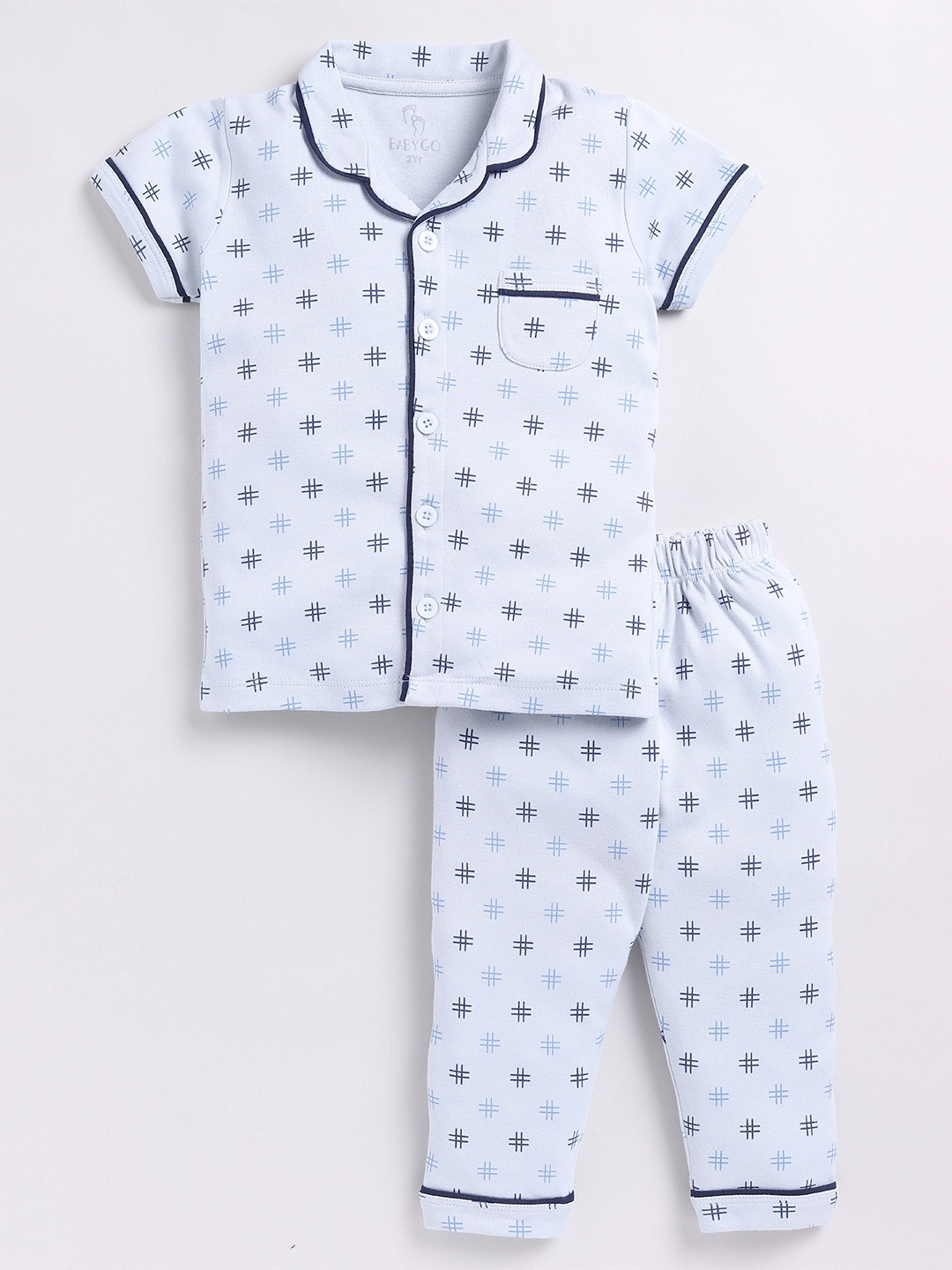 

BABY GO Infant Boys Geometric Printed Pure Cotton Shirt with Pyjamas, Blue