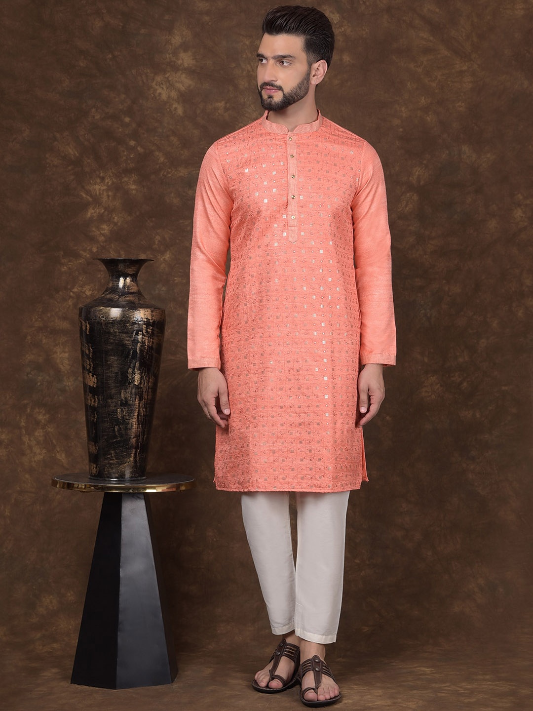 HOUSE OF DEYANN Ethnic Motifs Embroidered Sequinned Regular Kurta With Pyjamas, Peach