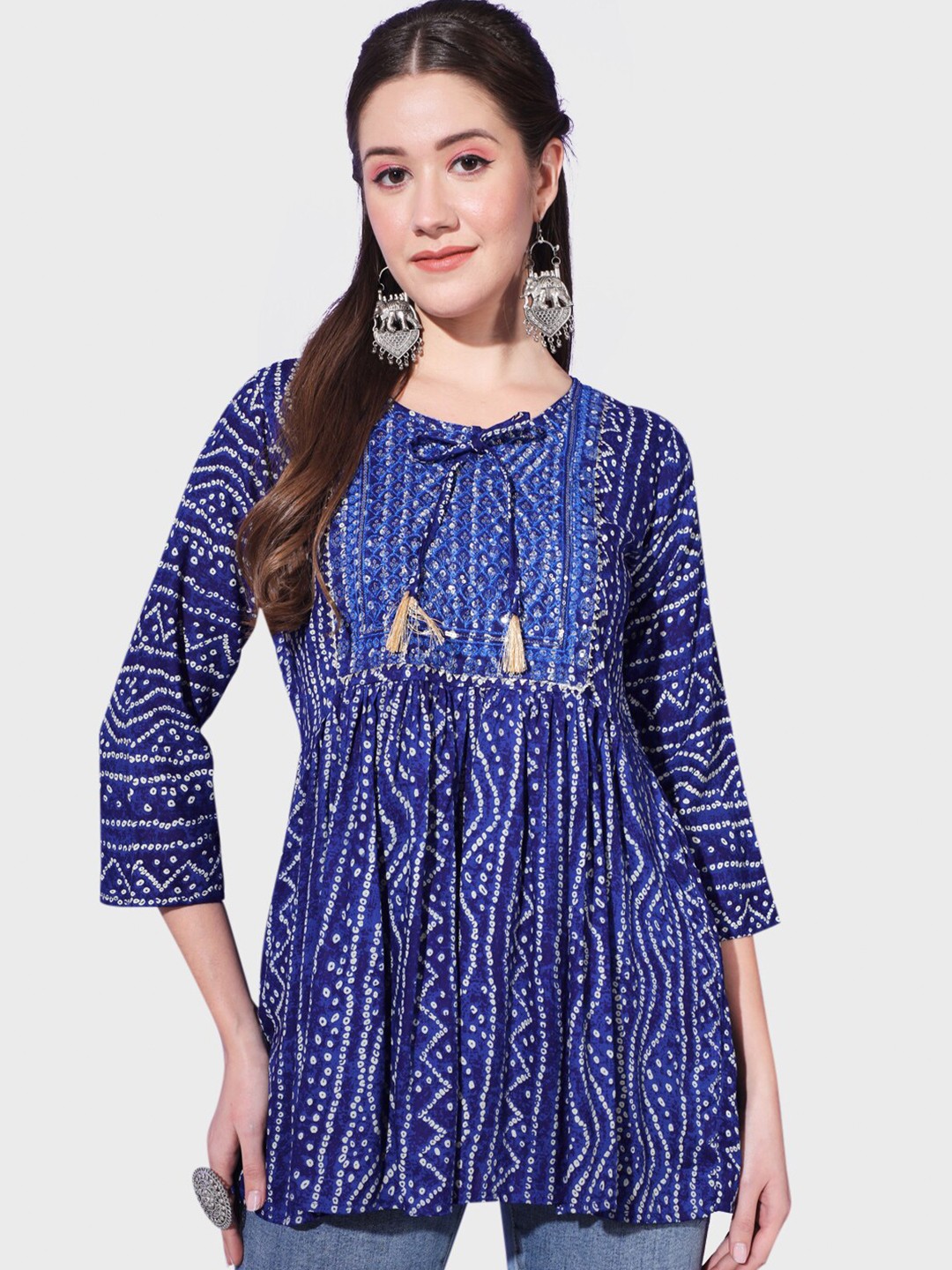 

BUY NEW TREND Bandhani Printed Pure Cotton A-Line Kurti, Blue