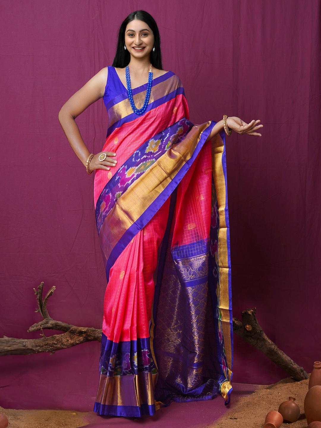 

Unnati Silks Checked Woven Design Zari Silk Cotton Kanjeevaram Saree, Pink