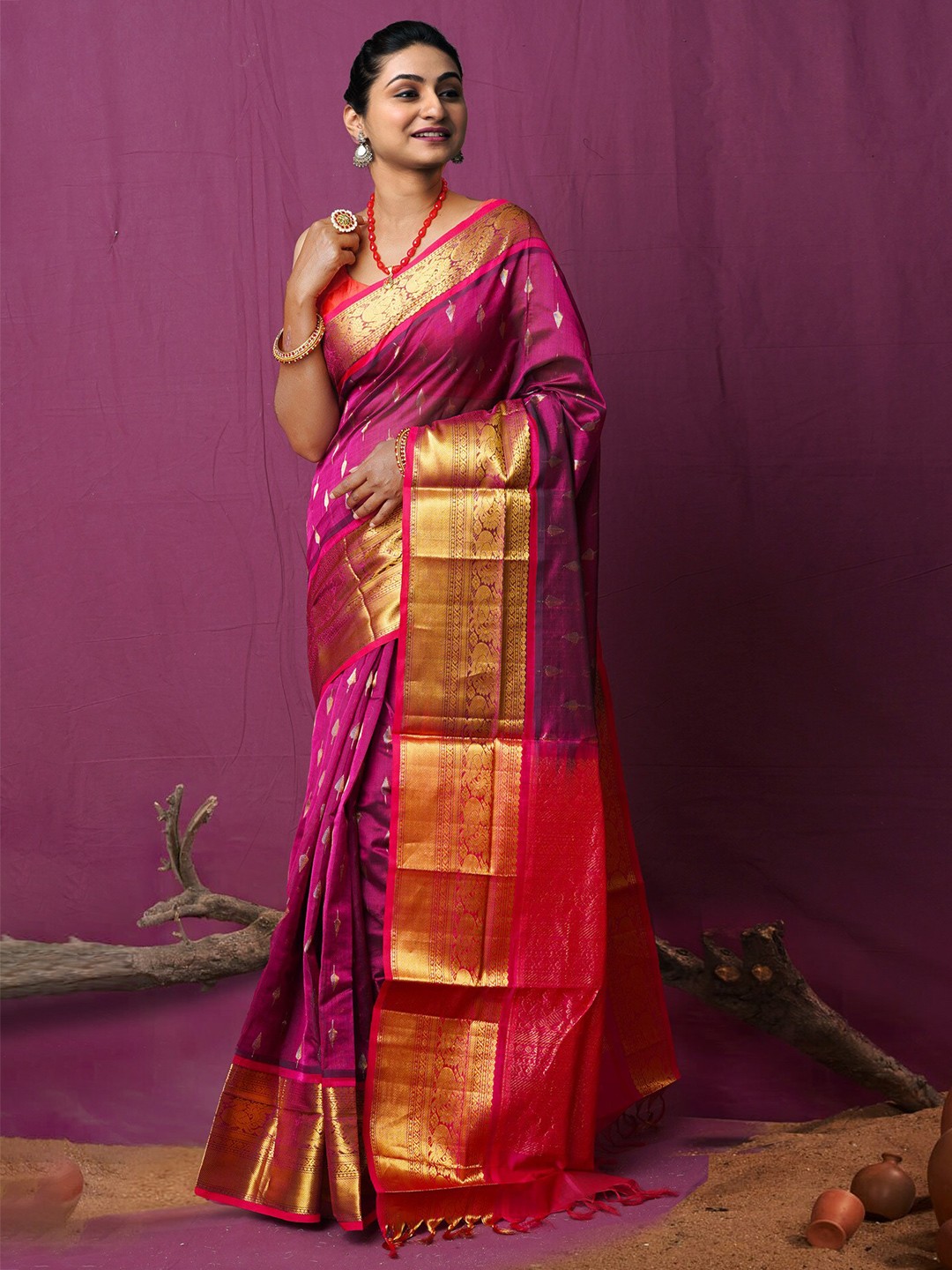 

Unnati Silks Ethnic Motifs Woven Design Zari Silk Cotton Saree, Purple