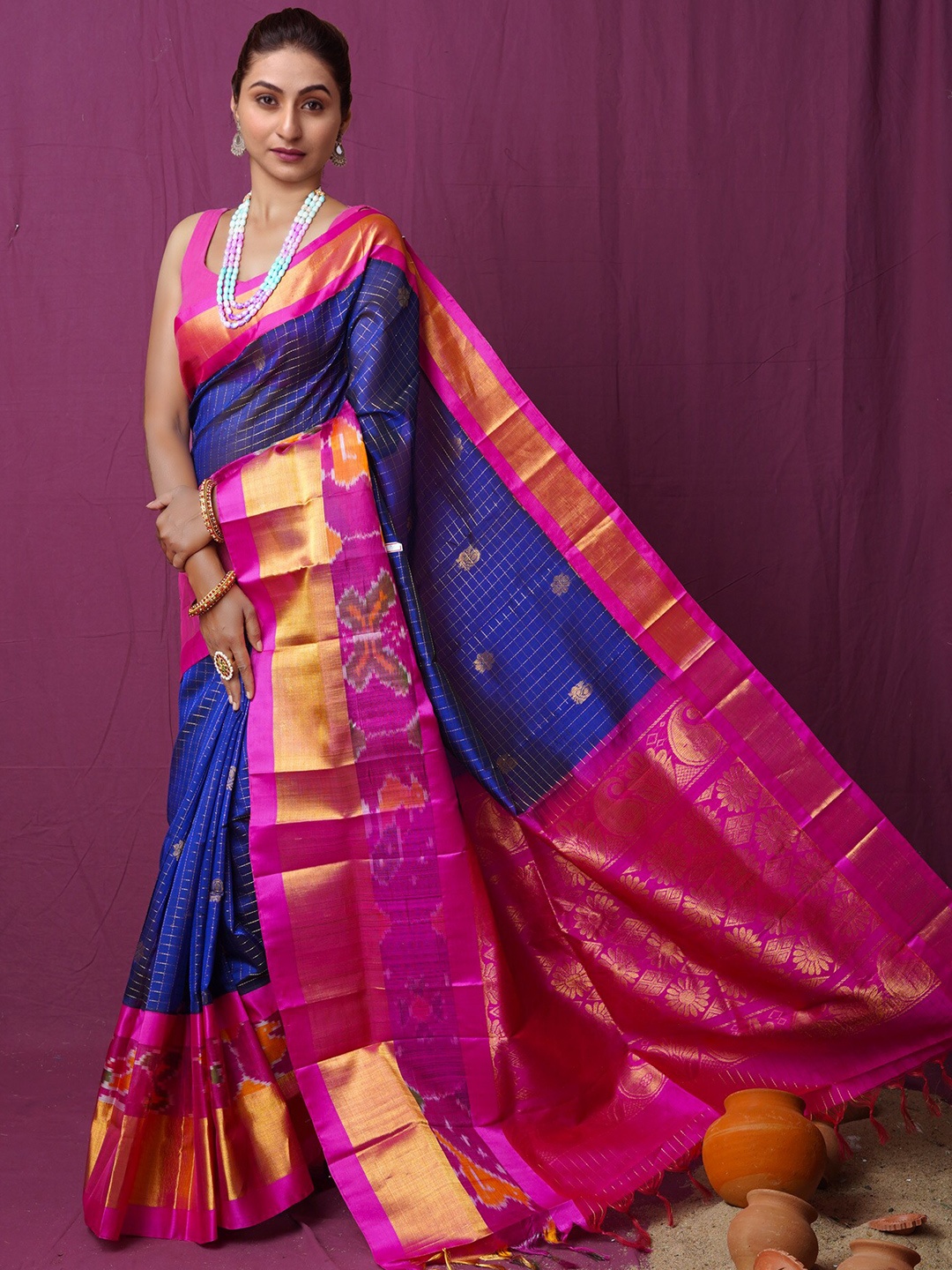 

Unnati Silks Checked Woven Design Zari Silk Cotton Saree, Blue