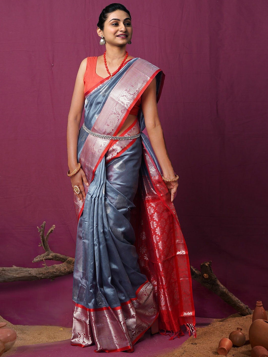 

Unnati Silks Ethnic Motifs Woven Design Zari Silk Cotton Kanjeevaram Saree, Grey