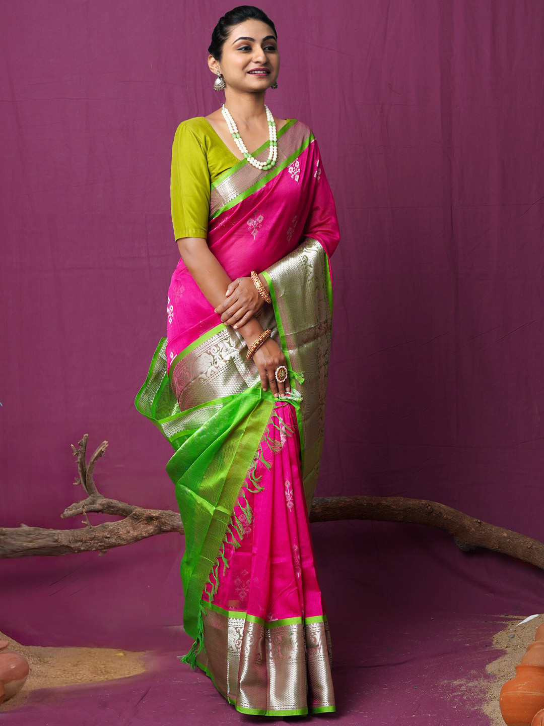 

Unnati Silks Ethnic Motifs Woven Design Zari Silk Cotton Saree, Pink