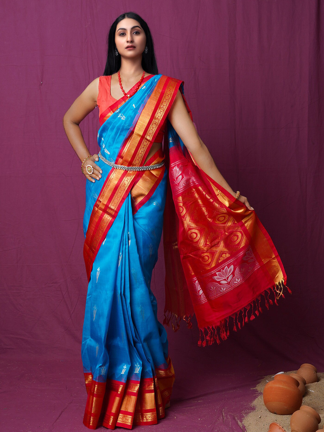 

Unnati Silks Ethnic Motifs Woven Design Zari Silk Cotton Saree, Blue