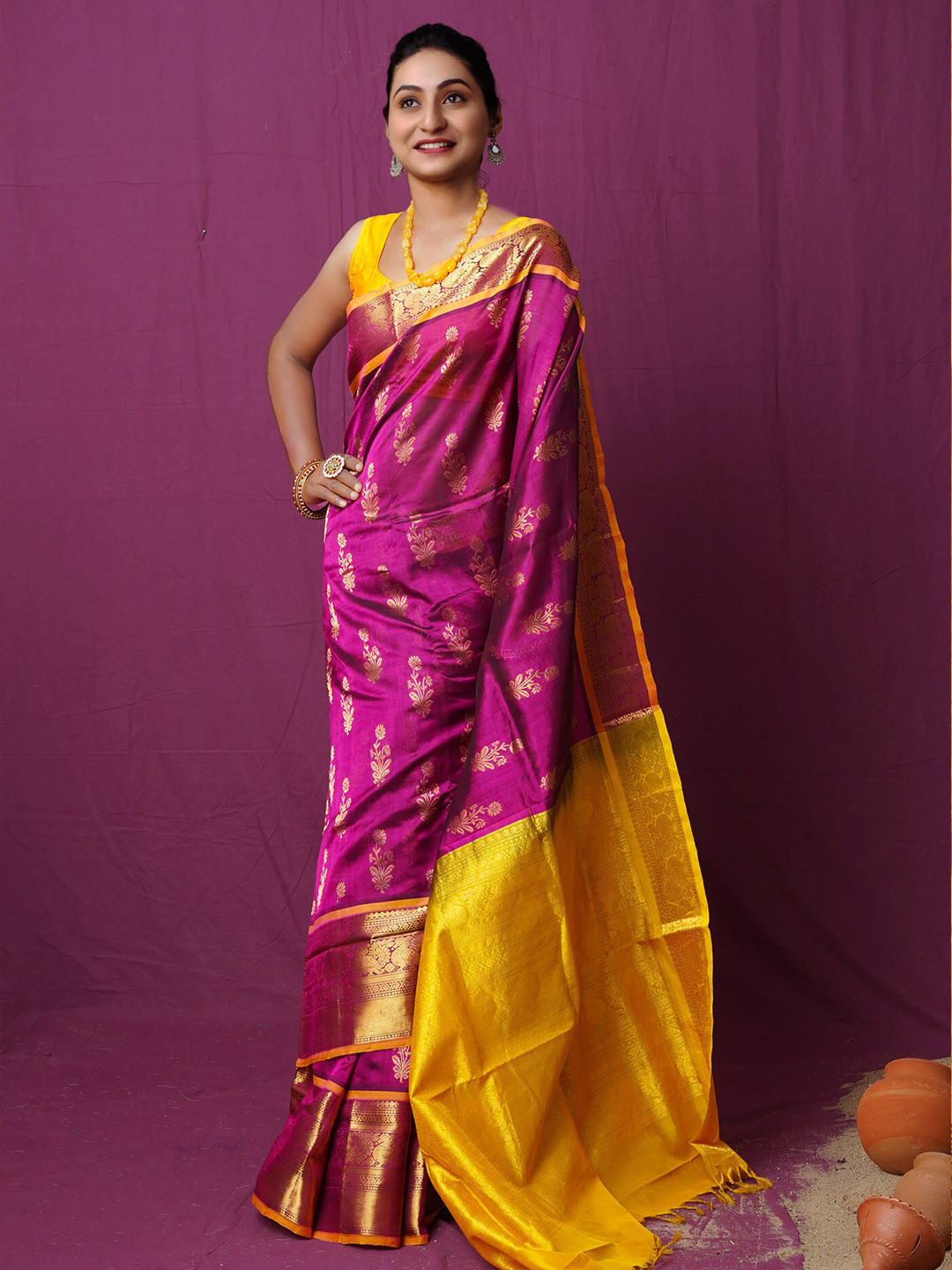 

Unnati Silks Ethnic Motifs Woven Design Zari Silk Cotton Kanjeevaram Saree, Purple