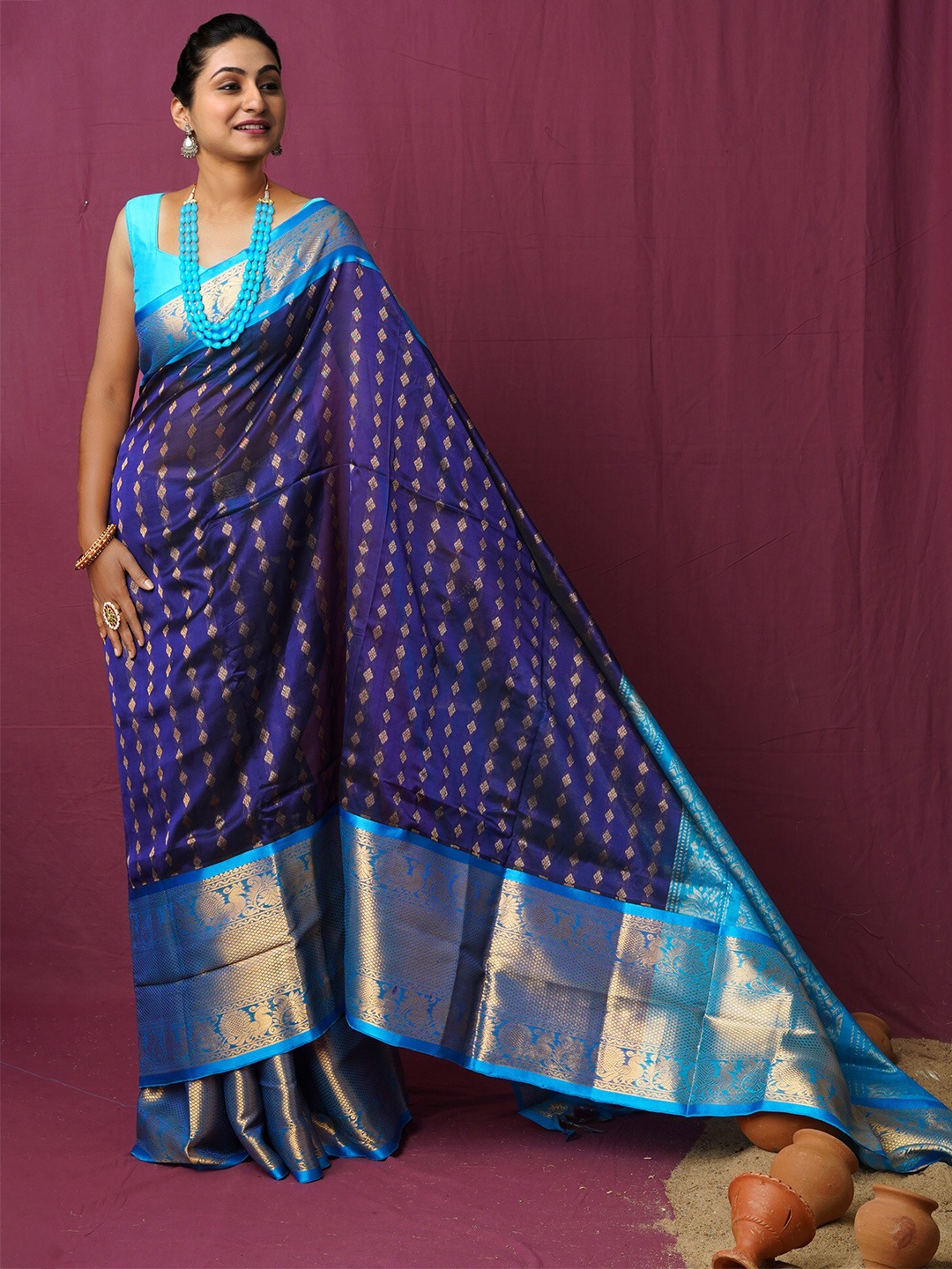 

Unnati Silks Ethnic Motifs Woven Design Silk Cotton Kanjeevaram Saree, Navy blue