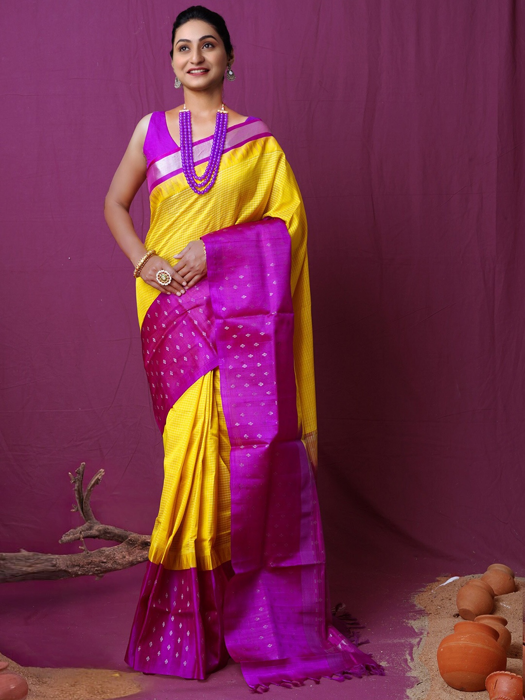 

Unnati Silks Ethnic Motifs Woven Design Zari Silk Cotton Kanjeevaram Saree, Yellow