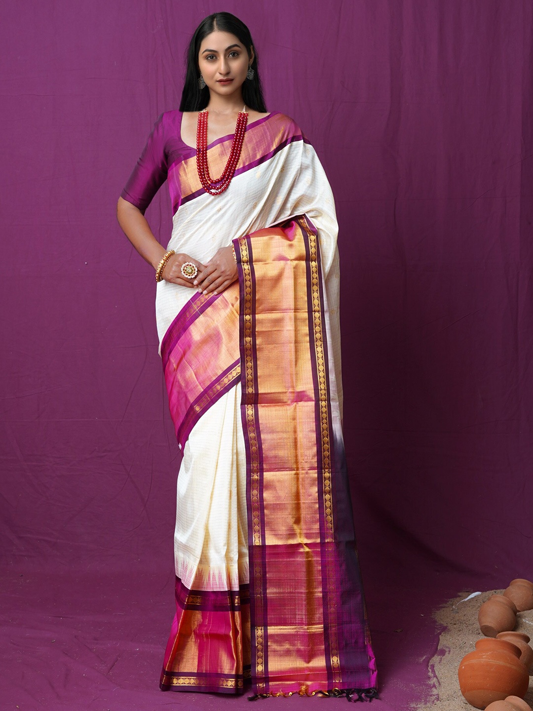 

Unnati Silks Woven Design Striped Silk Cotton Kanjeevaram Saree, Cream