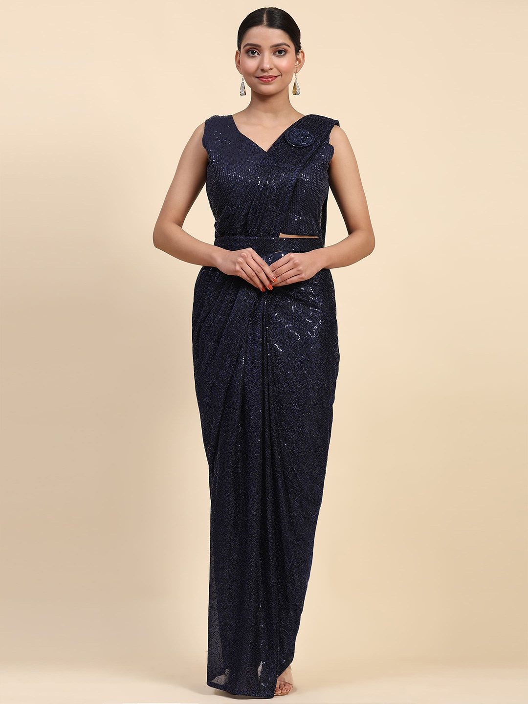 

AMOHA TRENDZ Embellished Sequinned Ready to Wear Saree, Navy blue