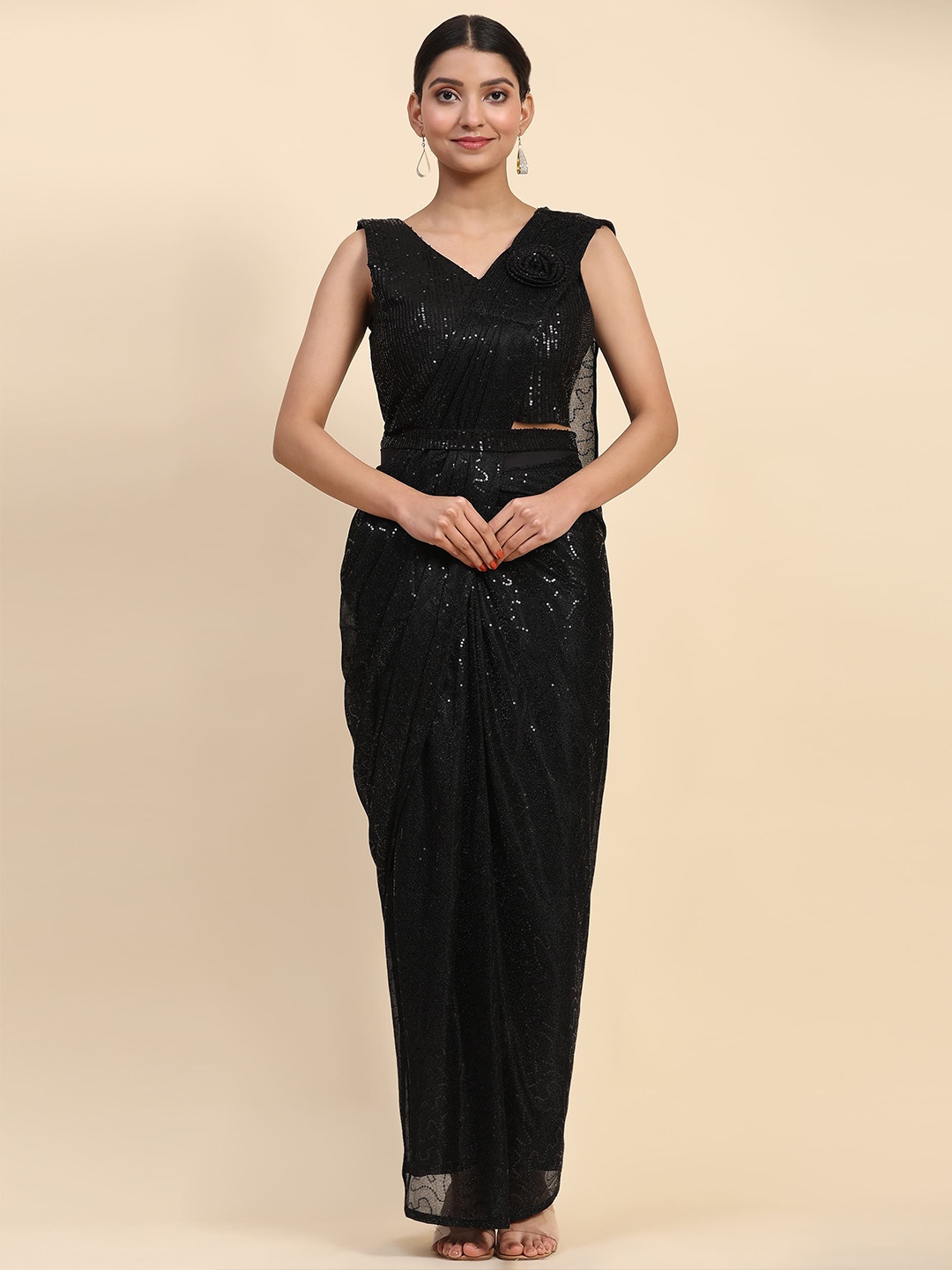 

AMOHA TRENDZ Embellished Sequinned Ready to Wear Saree, Black