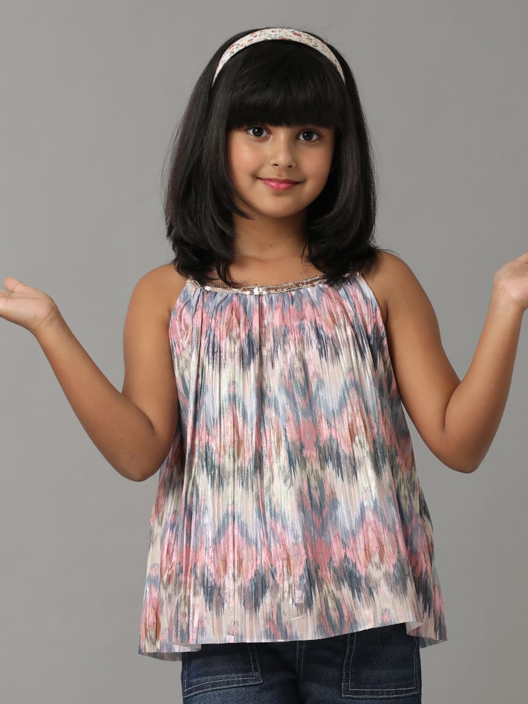 

UNDER FOURTEEN ONLY Girls Abstract Printed Shoulder Straps Sequined Cotton A-Line Top, Pink