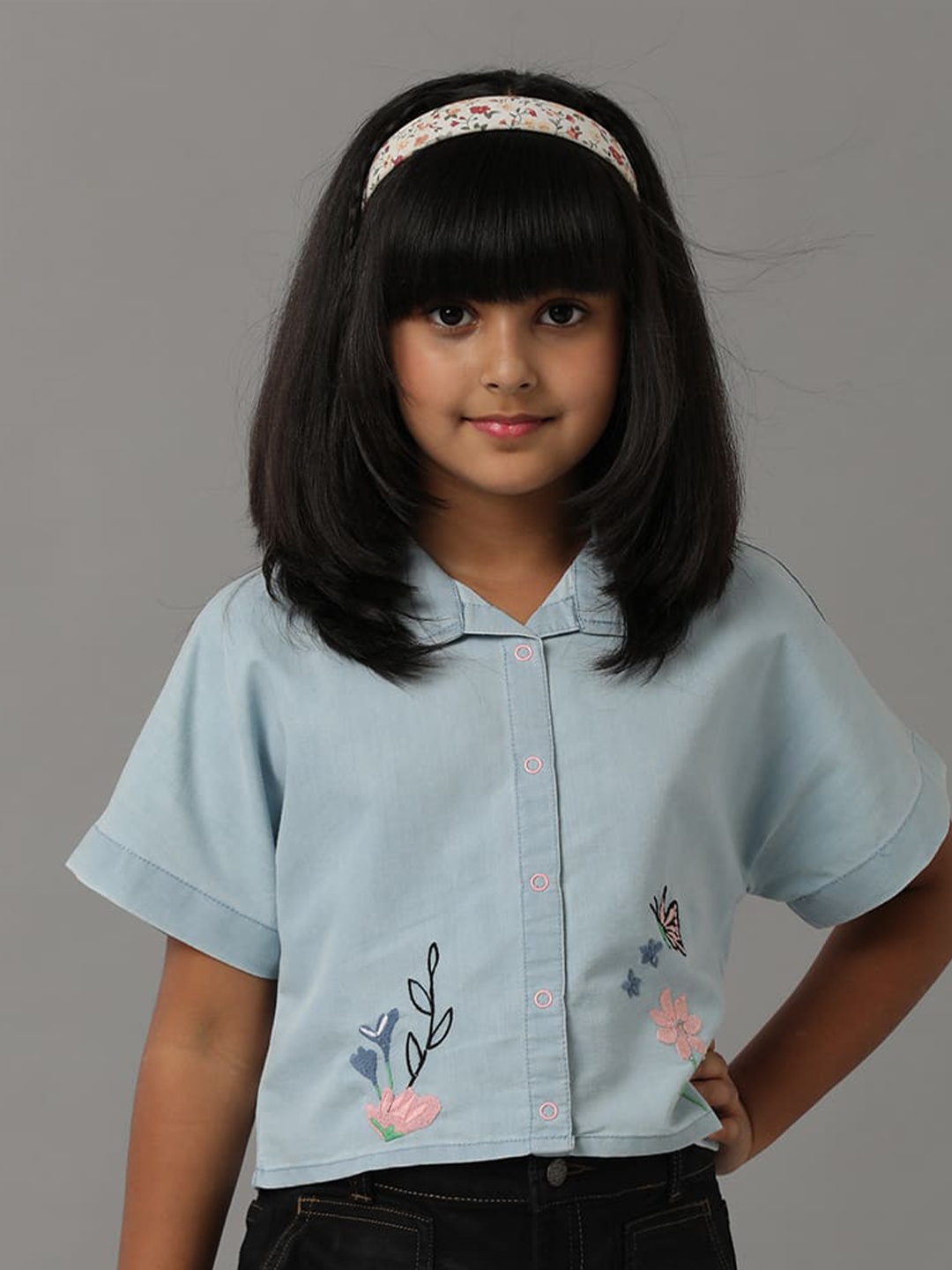 

UNDER FOURTEEN ONLY Girls Shirt Collar Embroidered Cotton Denim Shirt Style Top, Blue