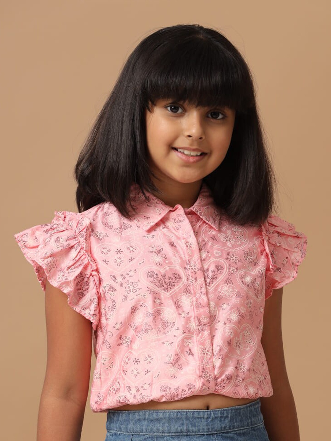 

UNDER FOURTEEN ONLY Girls Floral Printed Flutter Sleeve Cotton Shirt Style Top, Peach