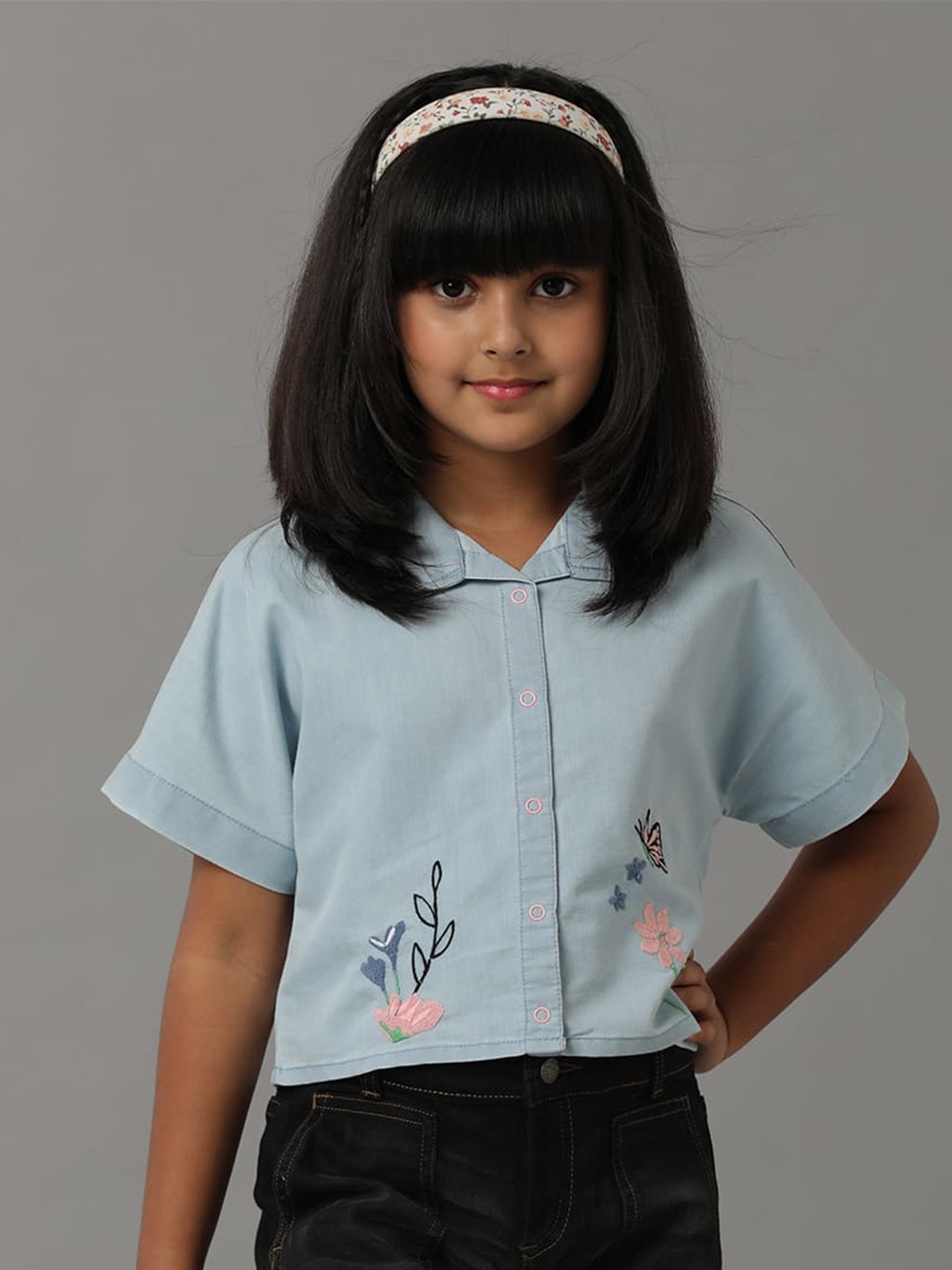 

UNDER FOURTEEN ONLY Girls Floral Embroidered Crop Cotton Denim Shirt Style Top, Blue