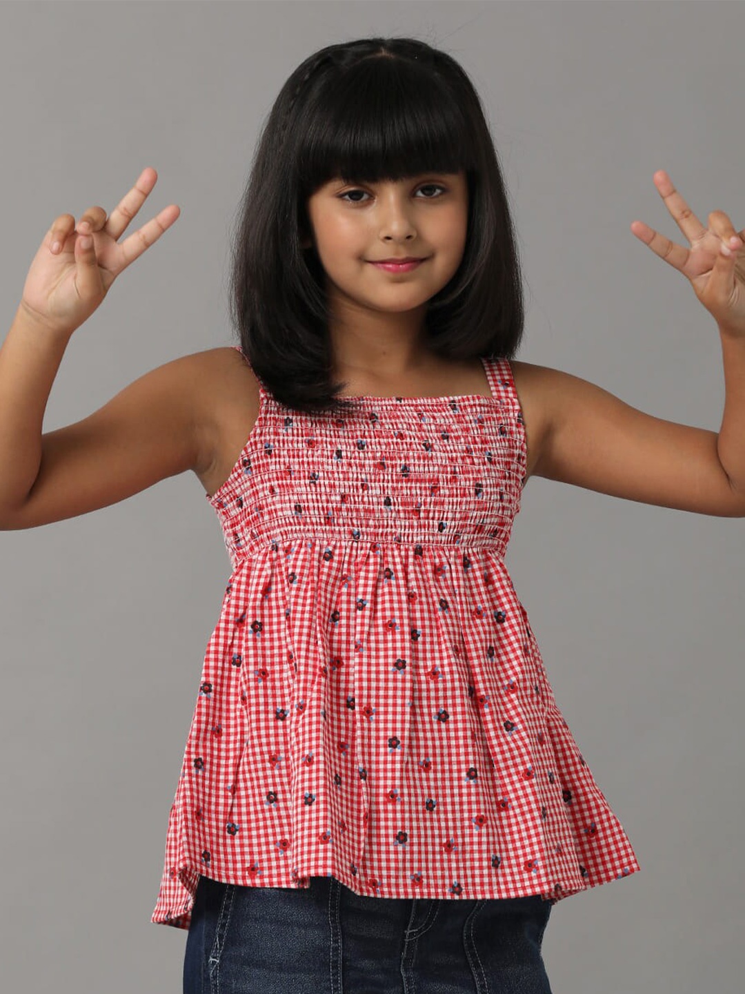 

UNDER FOURTEEN ONLY Girls Floral Printed Shoulder Straps Smocking Cotton A-Line Top, Red