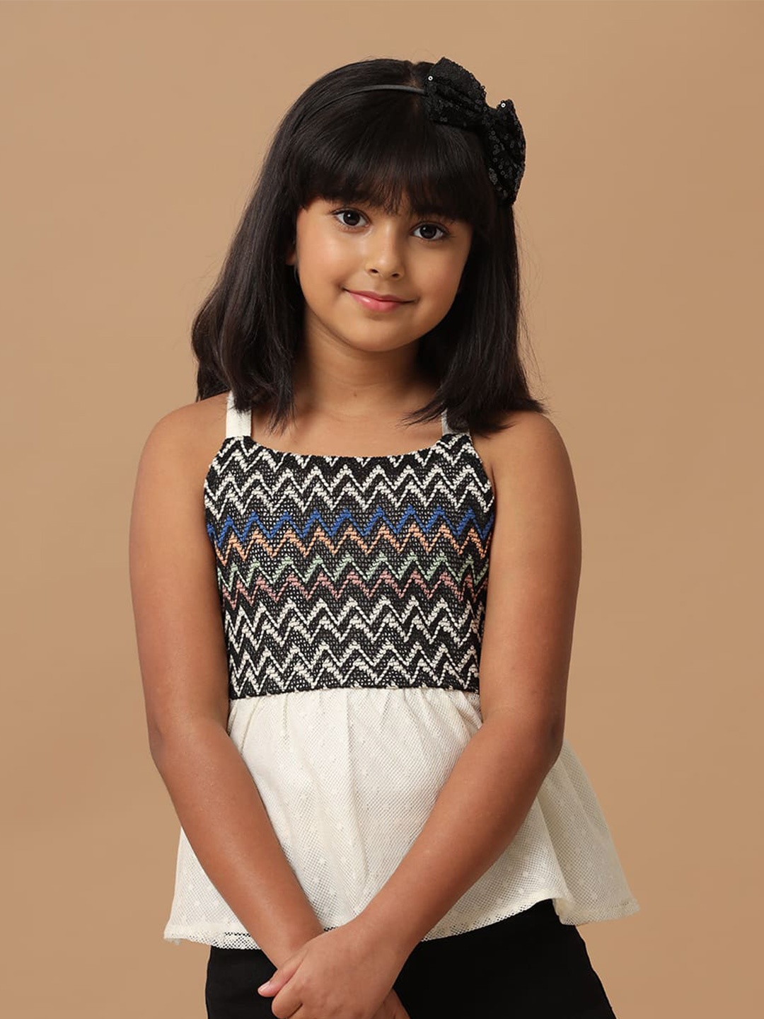 

UNDER FOURTEEN ONLY Girls Geometric Printed Shoulder Straps Dobby Cotton Top, Cream