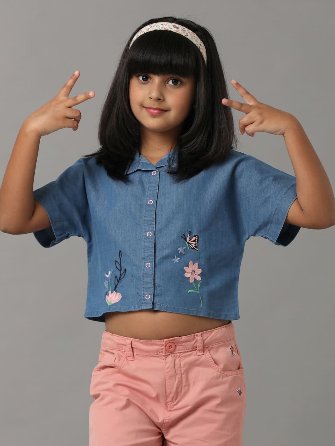 

UNDER FOURTEEN ONLY Girls Floral Embroidered Crop Cotton Denim Shirt Style Top, Navy blue