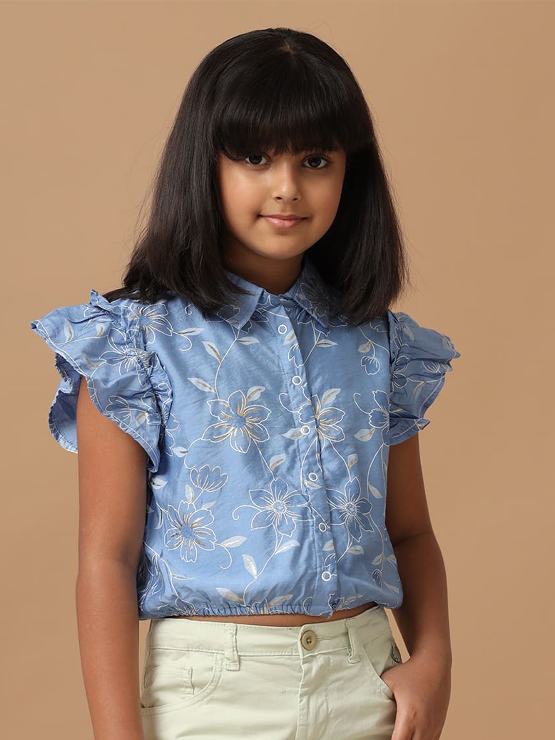 

UNDER FOURTEEN ONLY Girls Floral Printed Flutter Sleeve Cotton Shirt Style Top, Blue