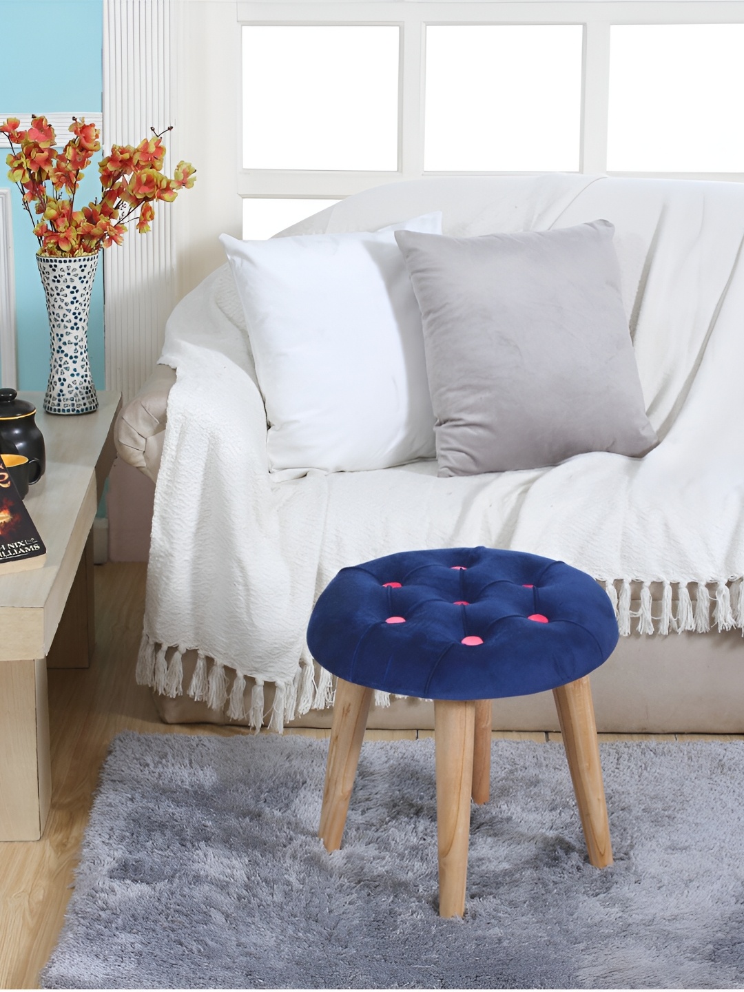 

Shadowkart Blue & Beige Round Tufted Wooden Ottoman