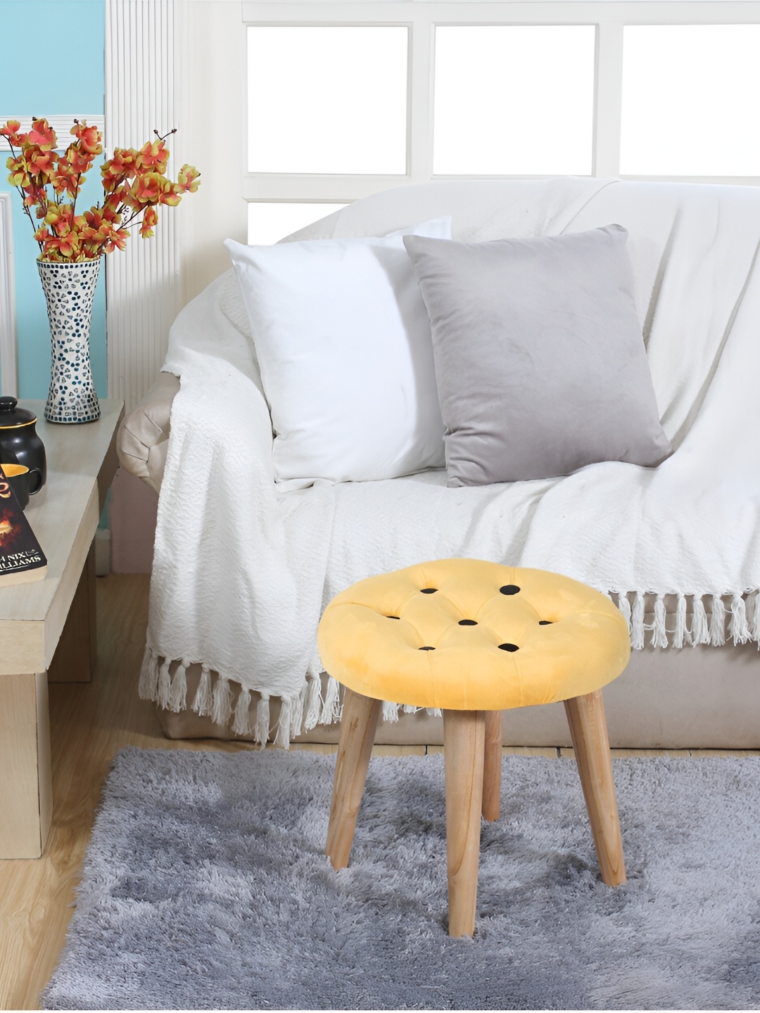 

Shadowkart Beige & Yellow Tufted Wood Ottomans