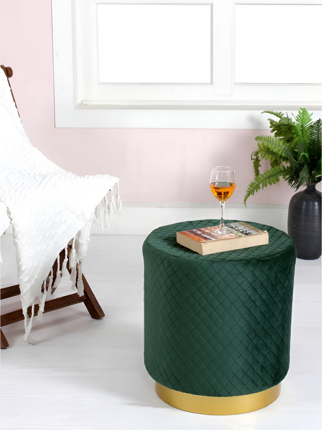 

Shadowkart Green & Beige Round Tufted Wooden Ottoman