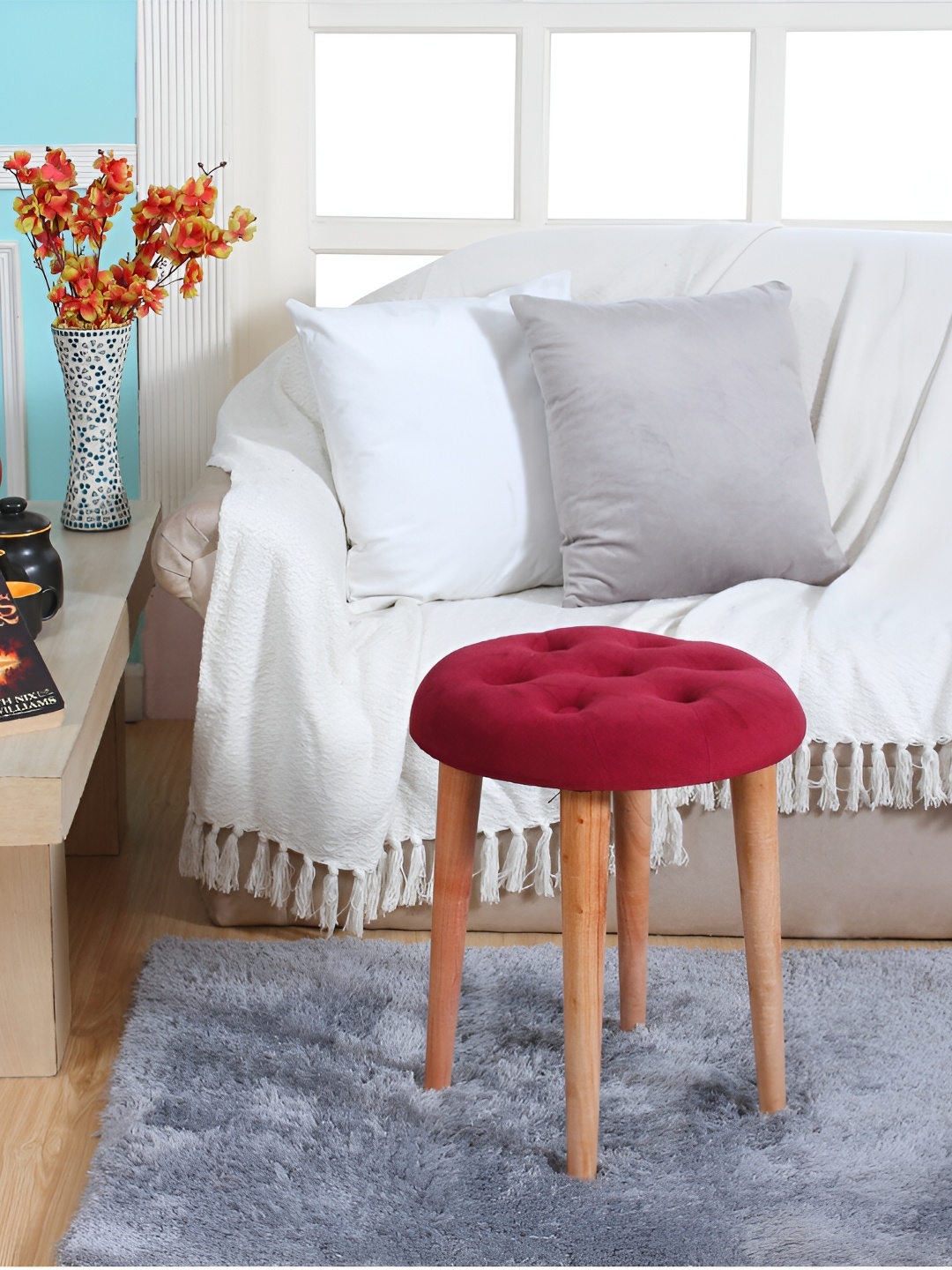 

Shadowkart Beige & Maroon Tufted Wood Ottomans