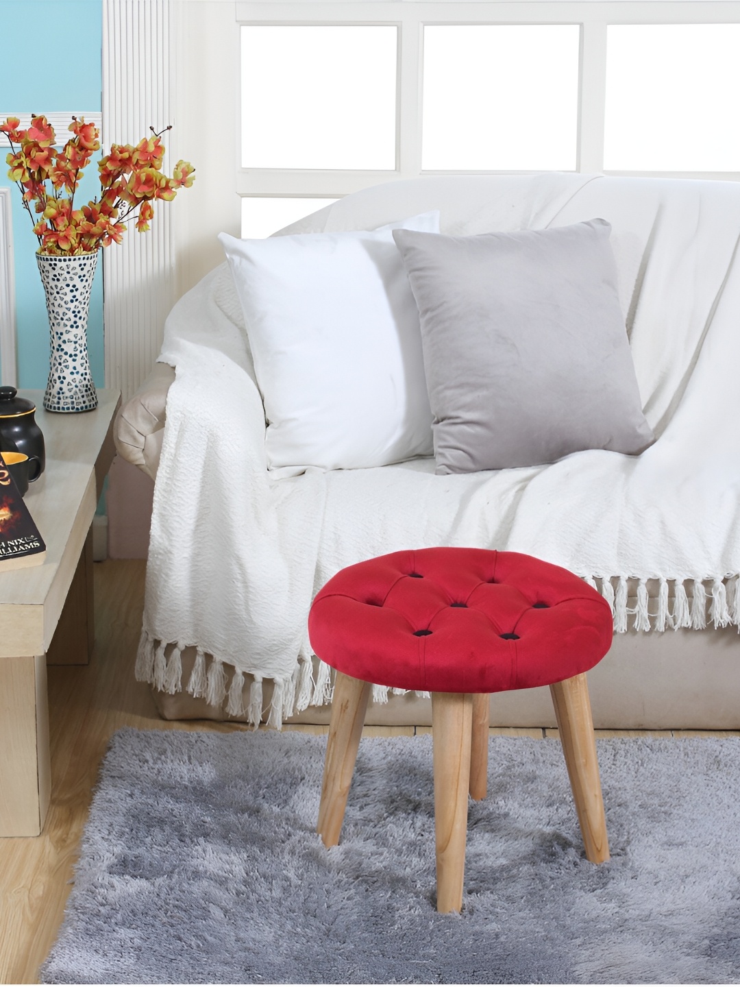 

Shadowkart Maroon Self Design Wooden Round Pouffes Ottomans