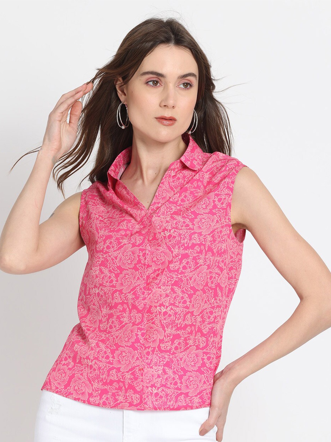 

SHAYE Floral Printed Shirt Collar Crepe Top, Pink