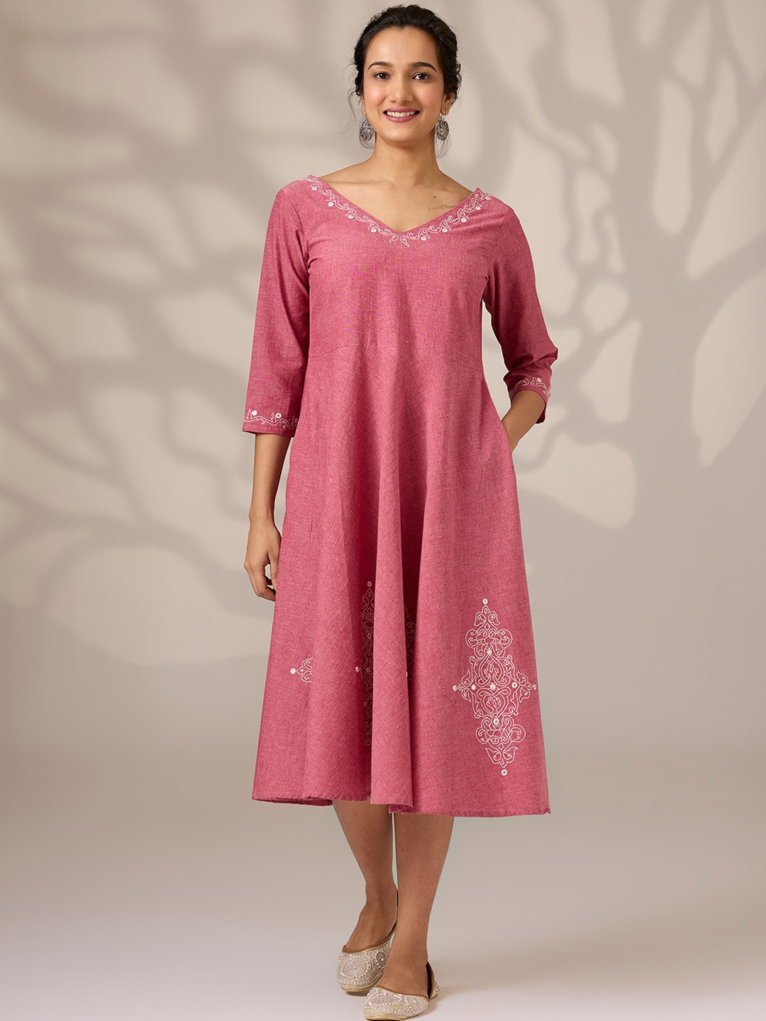 

OKHAI Ethnic Motifs Embroidered V-Neck Pure Cotton A-Line Midi Ethnic Dress, Coral