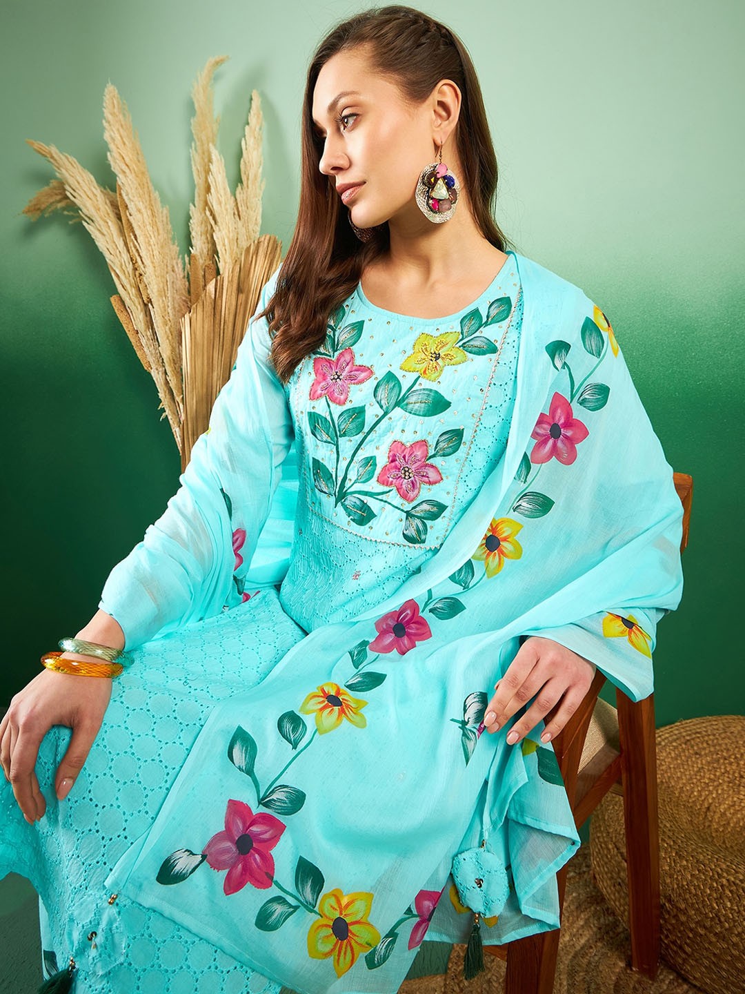 

Sangria Floral Printed Schiffli Straight Pure Cotton Kurta With Trousers & Dupatta, Turquoise blue