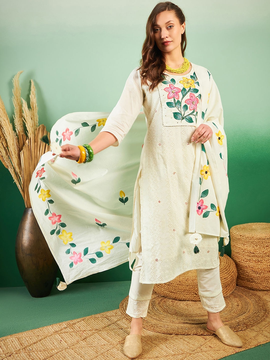 

Sangria Floral Printed Schiffli Straight Pure Cotton Kurta With Trousers & Dupatta, Off white