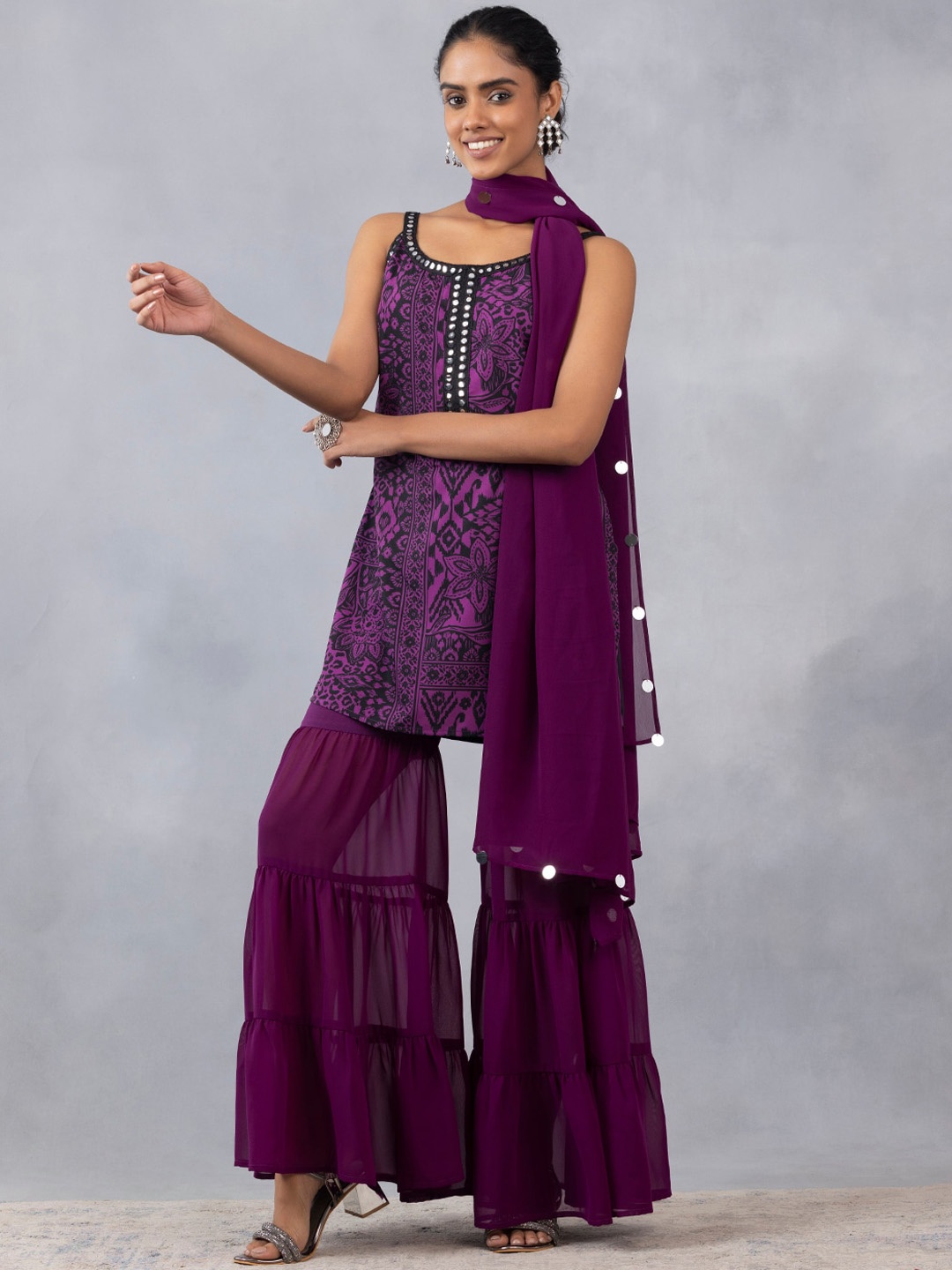 

SHAYE Floral Printed Regular Mirror Work Kurta with Sharara & Dupatta, Purple