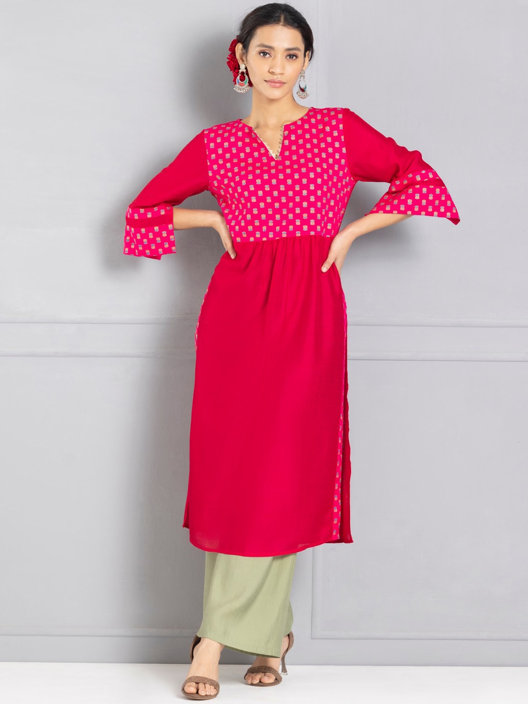 

SHAYE Ethnic Motifs Yoke Design Flared Sleeves Gotta Patti Straight Kurta, Pink