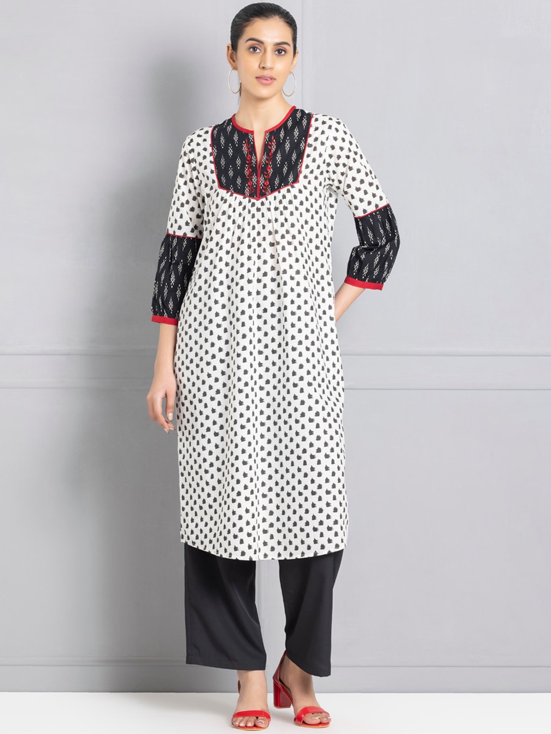 

SHAYE Geometric Ikat Printed & Embroidered Yoke Design Round Neck Cotton Straight Kurta, White