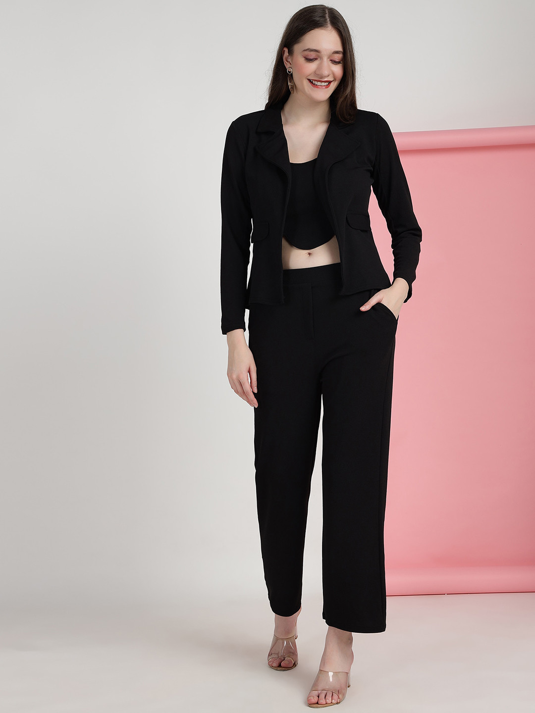

N N ENTERPRISE Crop Top And Trousers With Jacket Co-Ords, Black