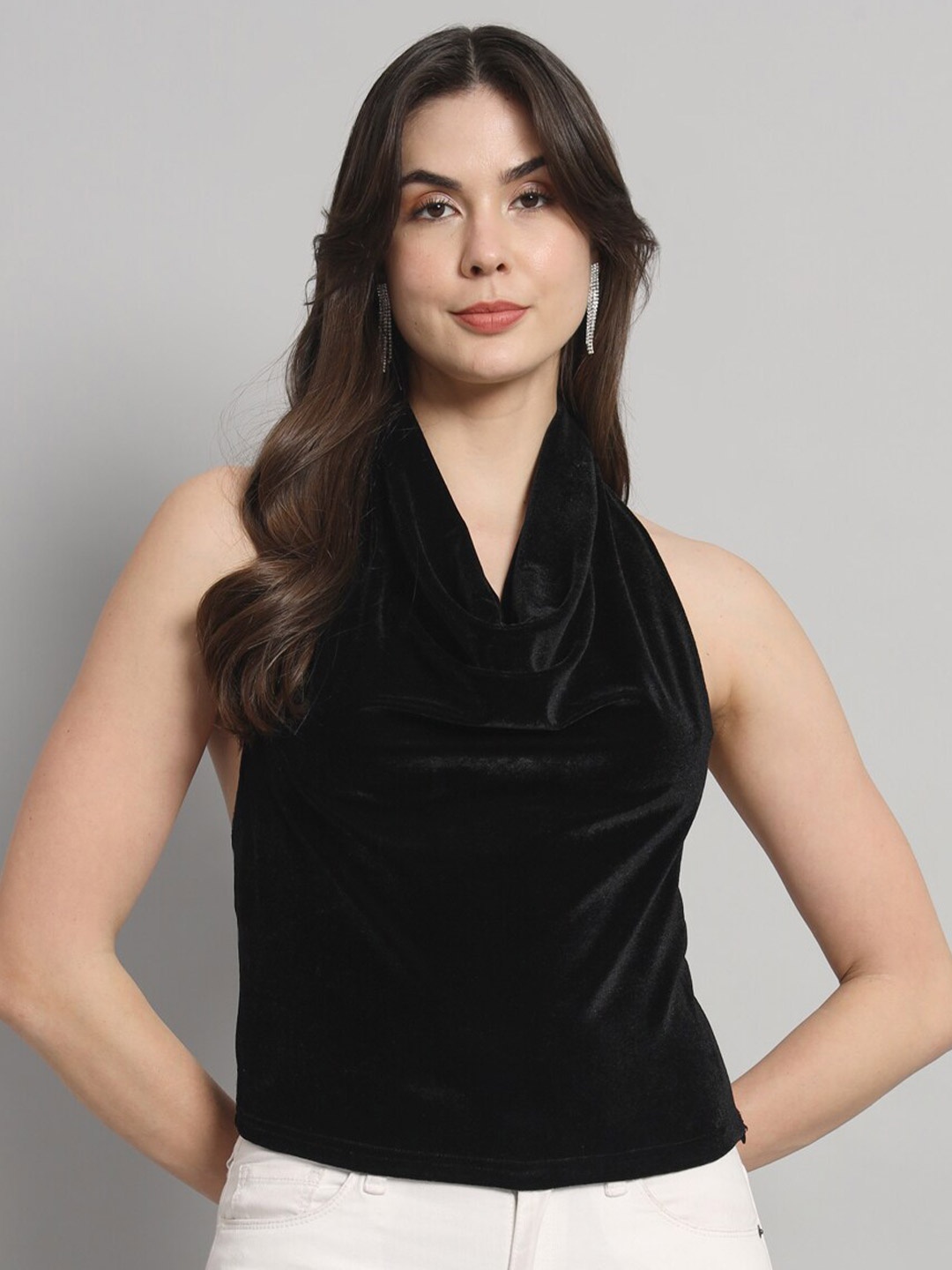 

VAARARO Cowl Neck Velvet Styled Back Top, Black