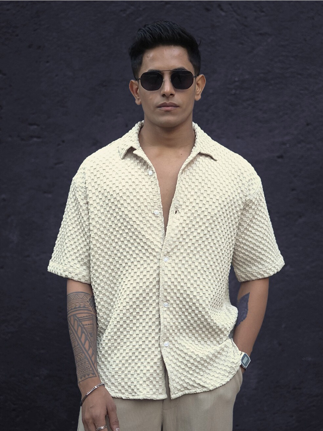 

Powerlook India Slim Textured Oversized Casual Shirt, Cream