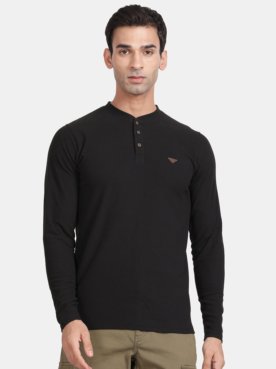 

t-base Henley Neck Long Sleeves Cotton Relaxed Fit T-shirt, Black