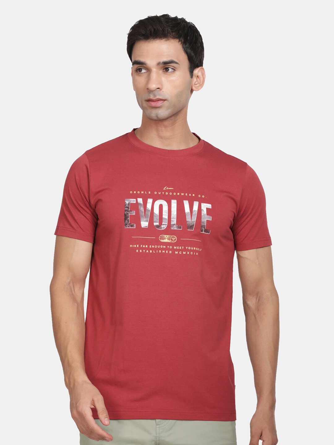 

t-base Typography Printed Relaxed Fit Cotton T-shirt, Maroon