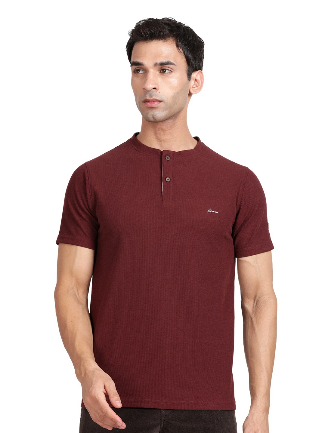 

t-base Henley Neck Relaxed Fit Cotton T-shirt, Burgundy