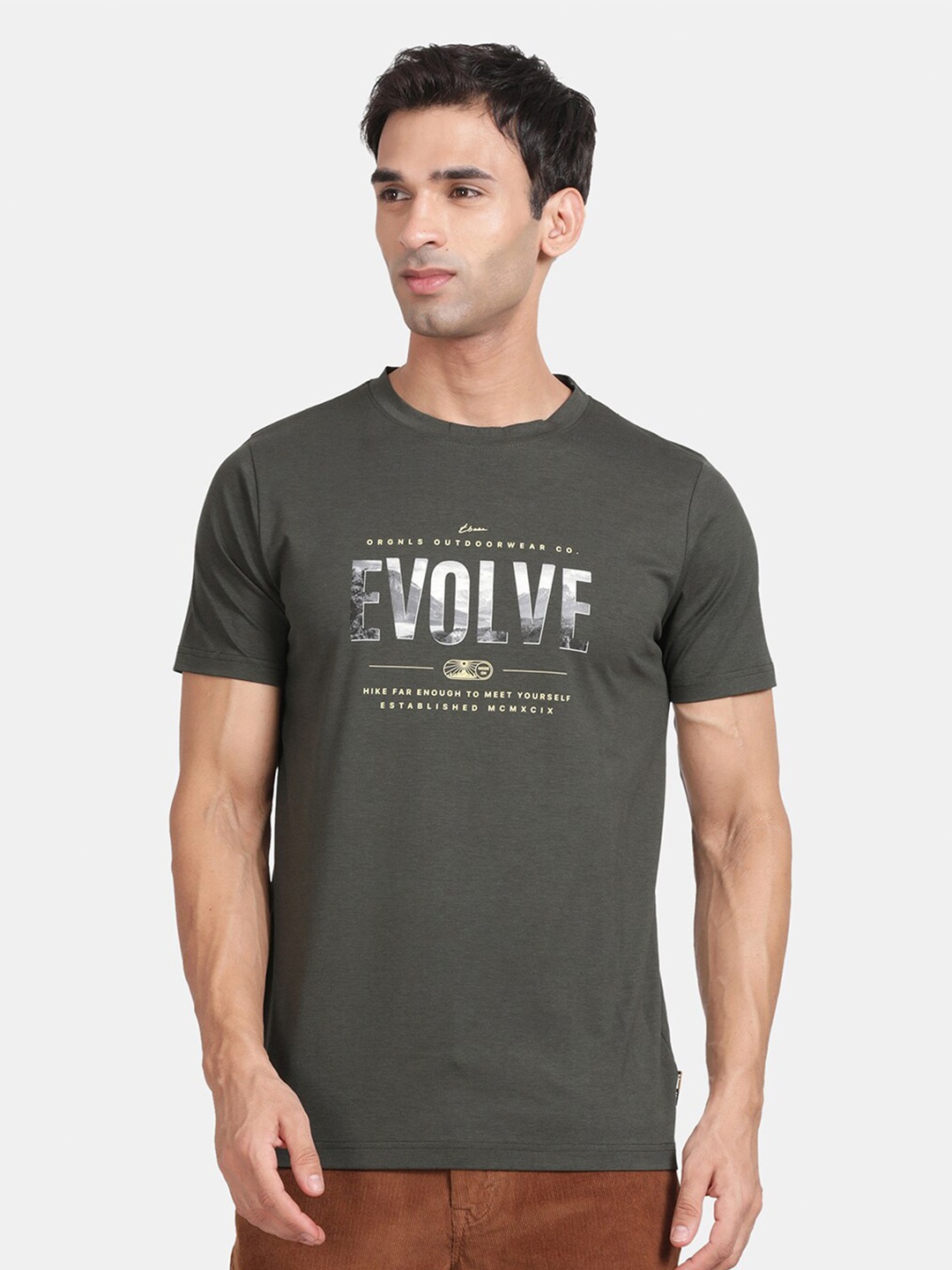 

t-base Typography Printed Relaxed Fit Cotton T-shirt, Olive