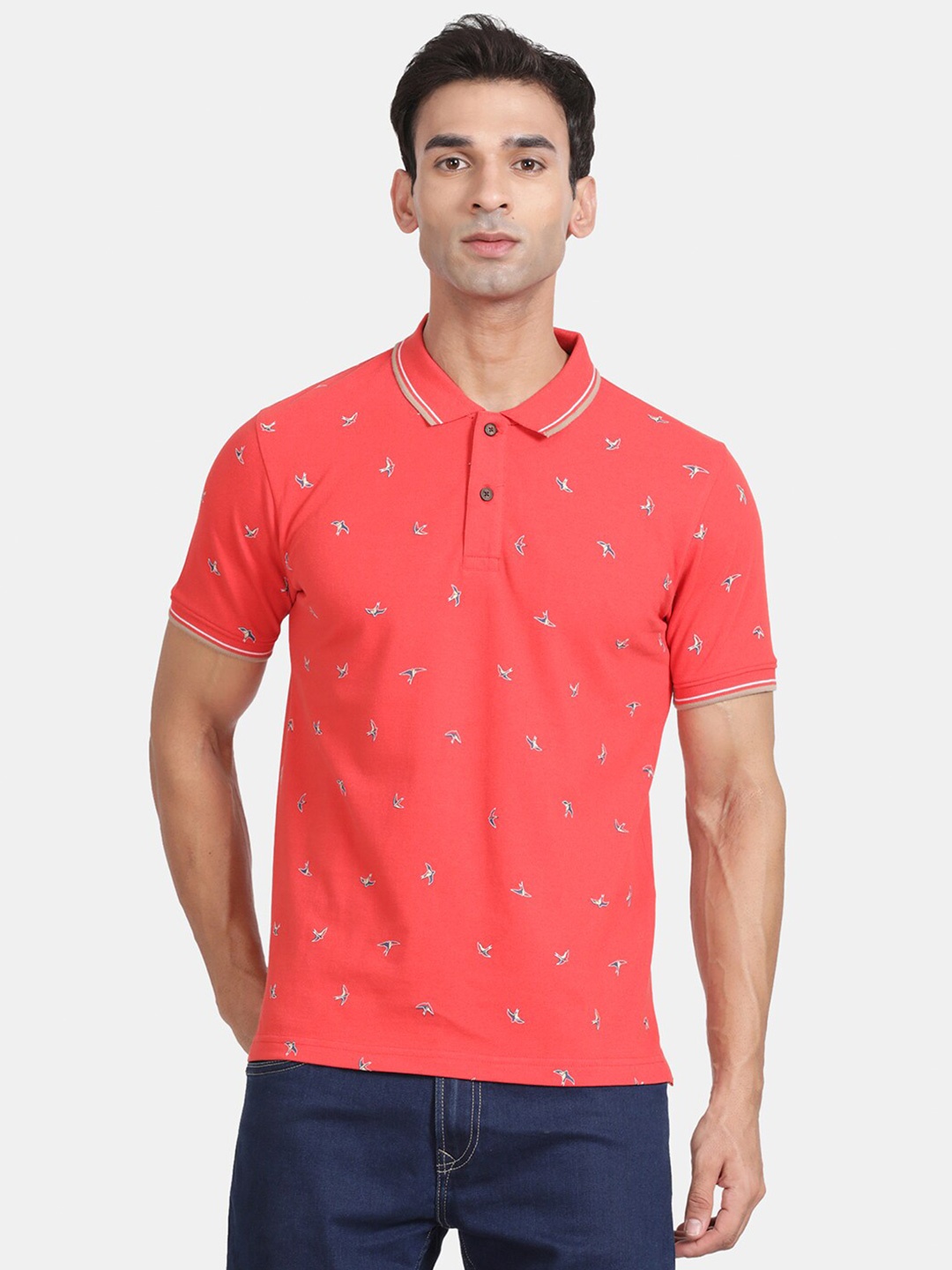 

t-base Conversational Printed Polo Collar T-shirt, Red