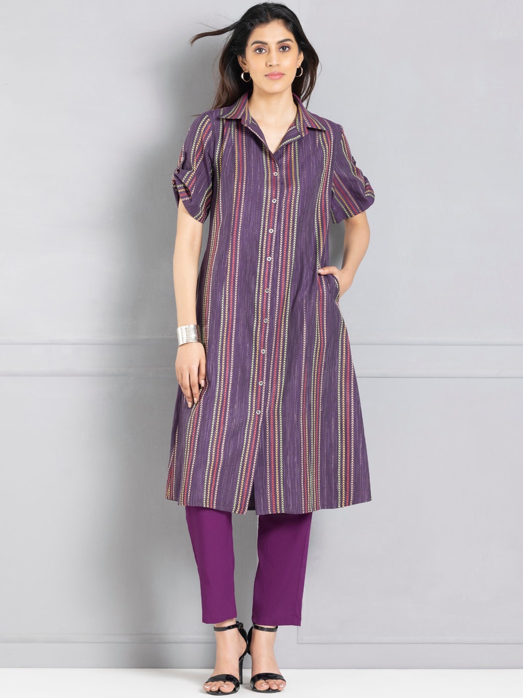 

SHAYE Woven Design Shirt Collar A-Line Kurta, Purple