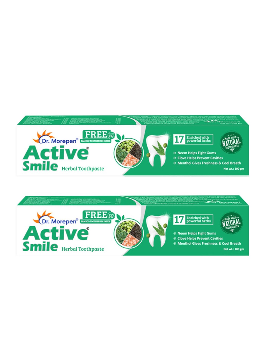 

Dr. Morepen Set Of 2 Active Smile Herbal Toothpaste With Neem & Clove - 100g Each, Green