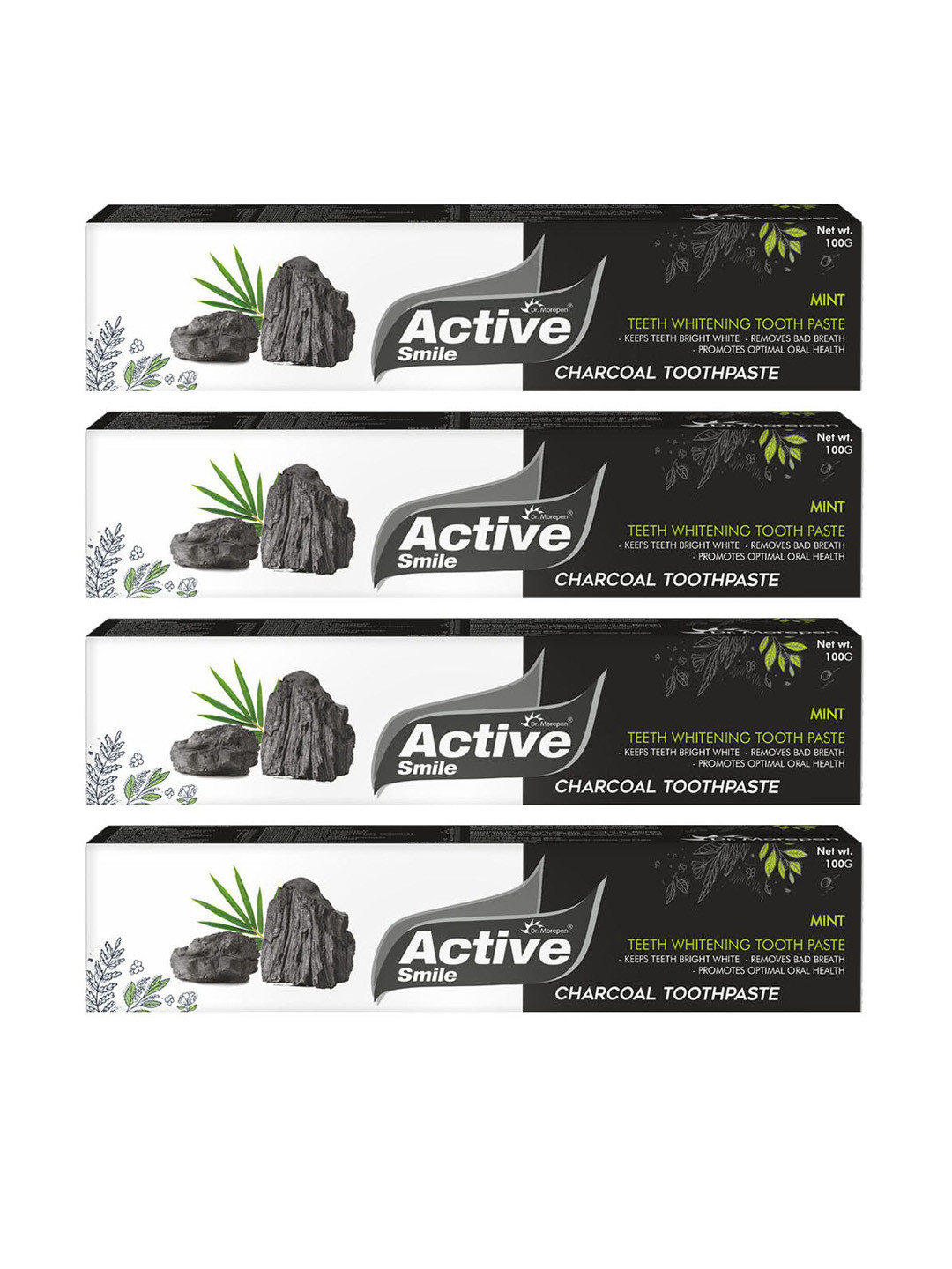 

Dr. Morepen Set of 4 Active Smile Charcoal Toothpaste For Teeth Whitening - 100g Each, Black